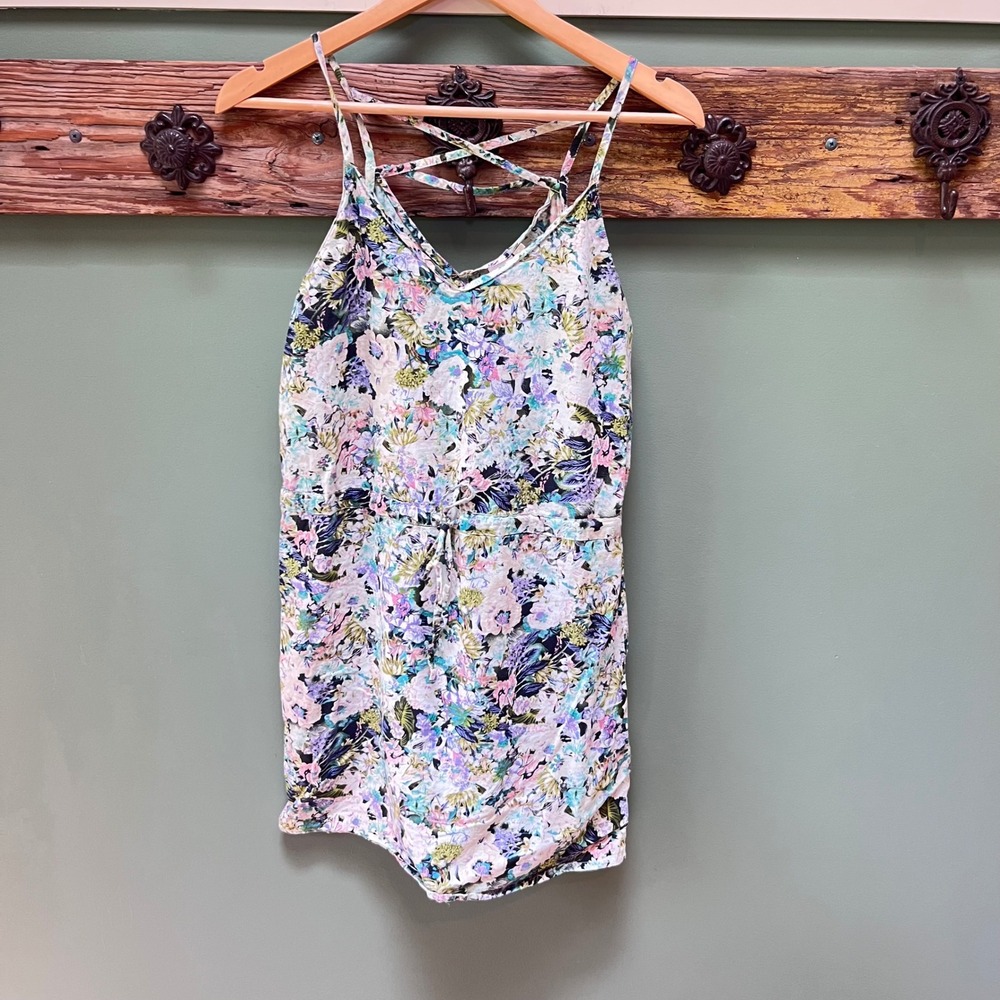 Plum Pretty Sugar Womens Floral Cotton Romper Blue Purple Strappy Back Small